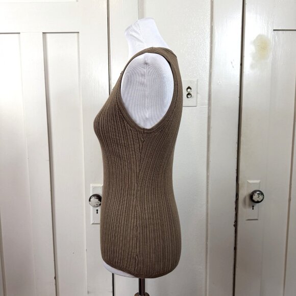 WHBM White House Black Market Brown Medium Knit Ribbed Fitted Tank Top Gold Stud - Picture 4 of 9